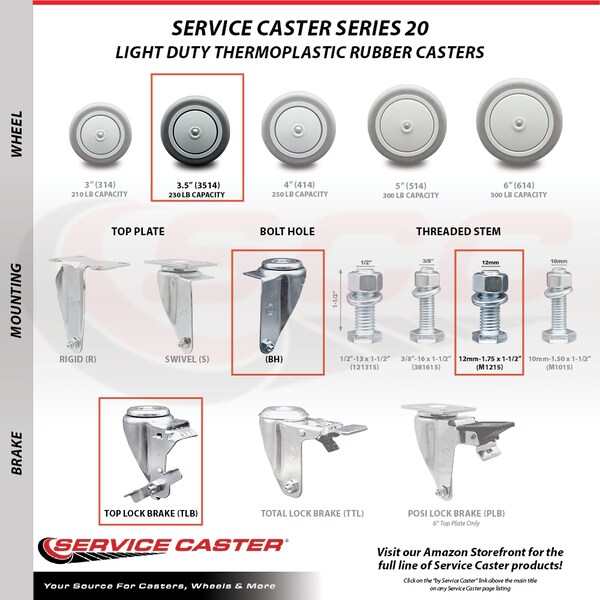 Service Caster 3.5 Inch Thermoplastic Rubber Swivel 12mm Threaded Stem Caster Set Brake SCC SCC-TS20S3514-TPRB-TLB-M1215-4 - main